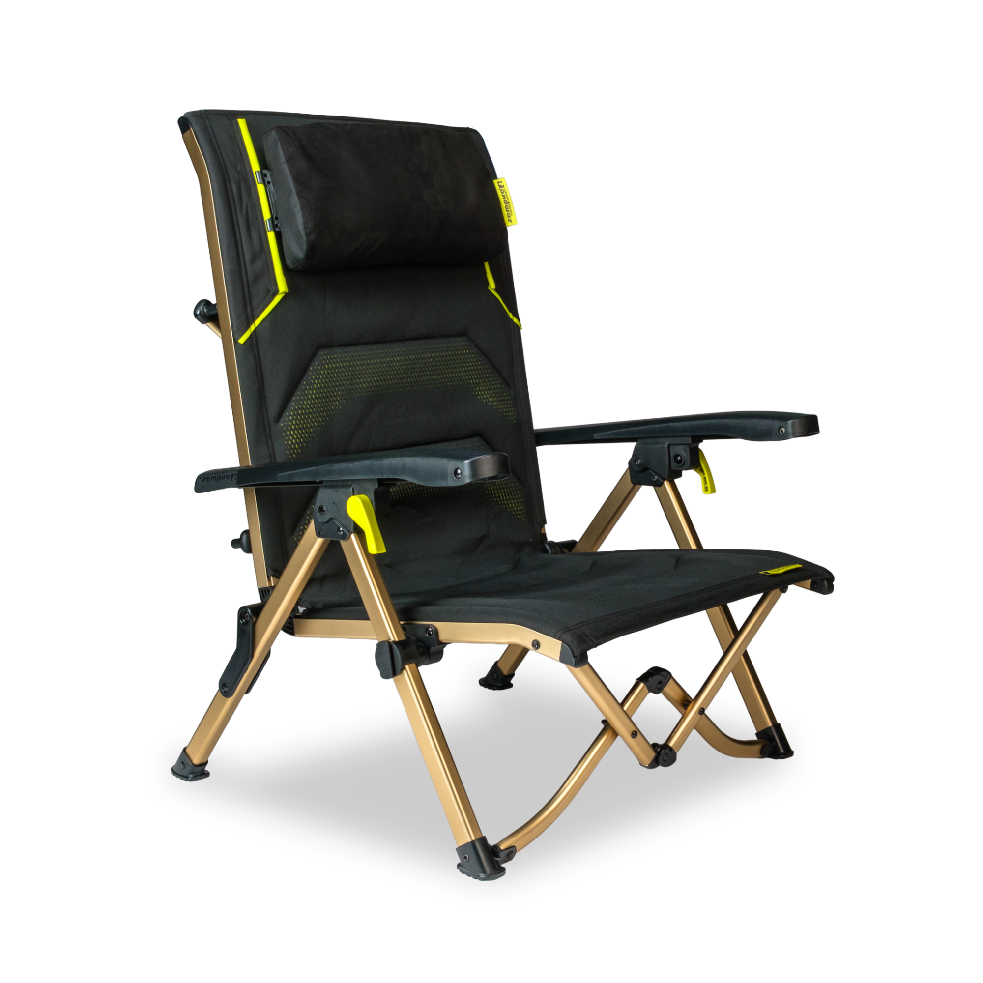 Black and gold camping chair with yellow accents on a white background