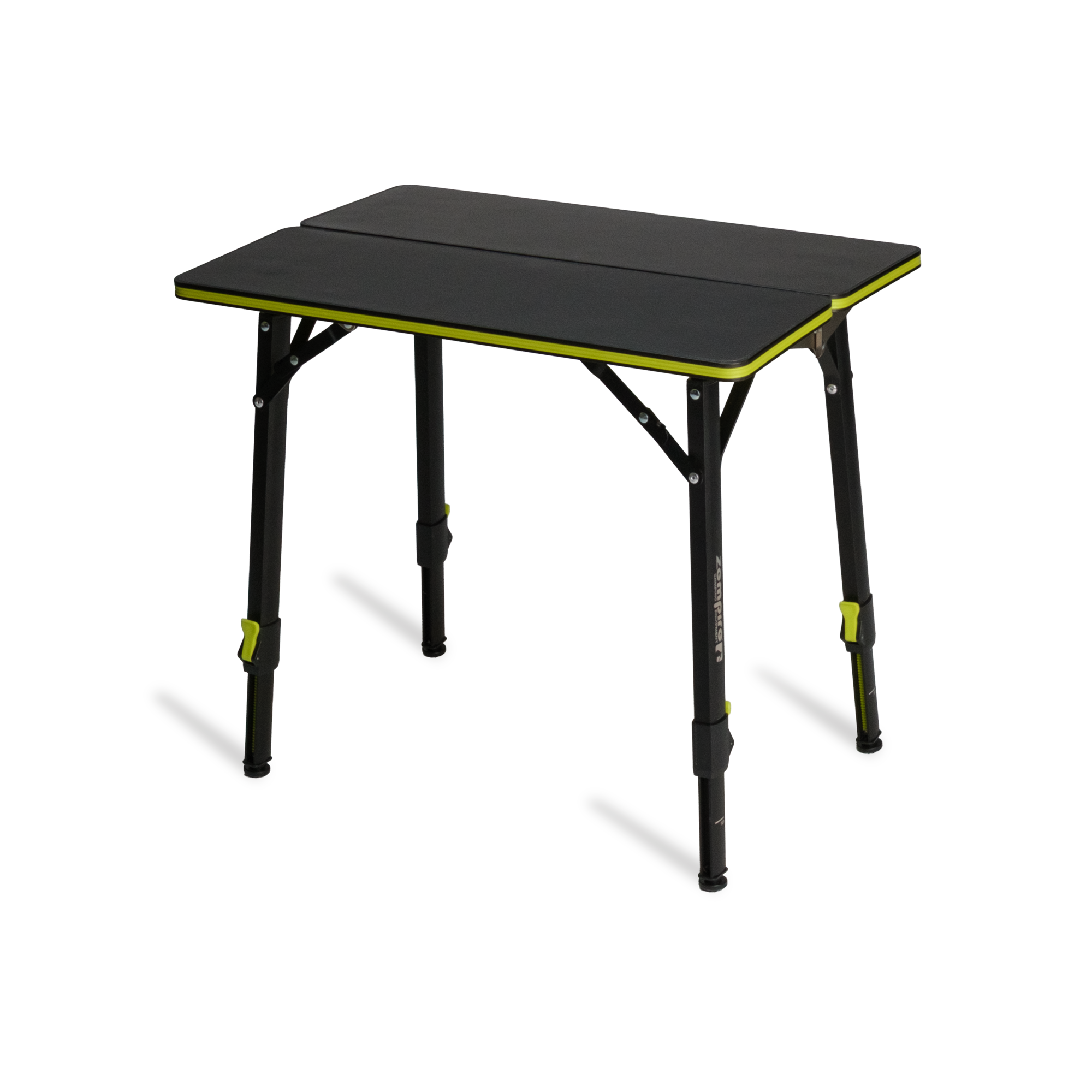 Black folding table with green accents on a white background