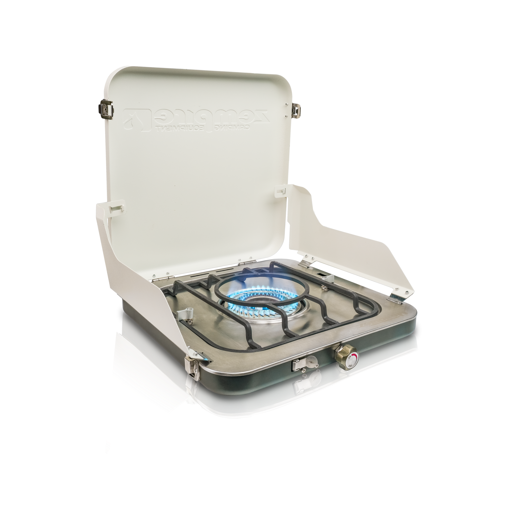 Portable gas stove with a lit burner on a white background